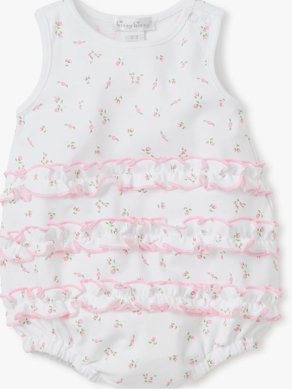 Kissy Kissy White Bubble Romper with Pink Garden Rose Ruffles 0-3 Months
